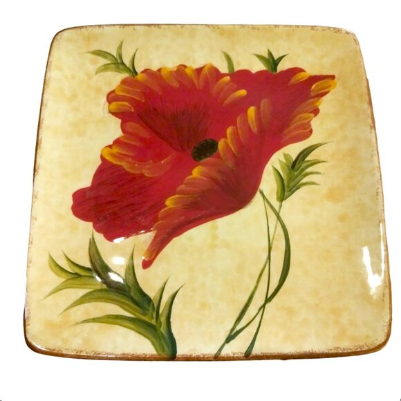 Pier 1 Square Poppies Salad Plate, Cottagecore Plate, Hand Painted Server Plate - Picture 7 of 11